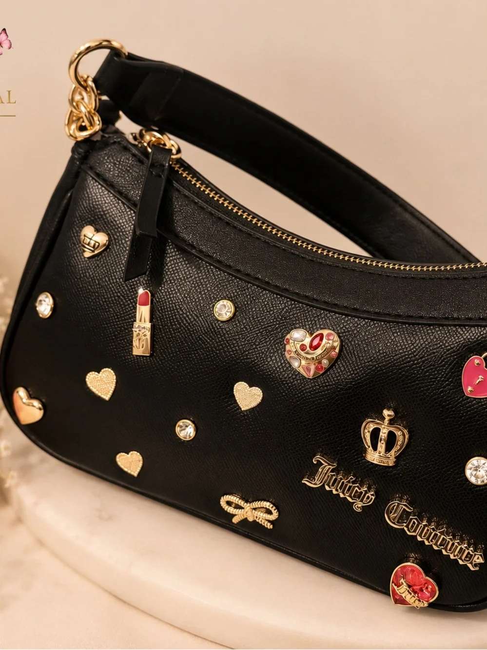 Juicy Couture Black Embellished Heart Shoulder Bag with Gold Hardware